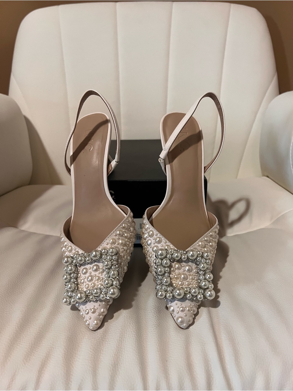 INC International Concepts Pearl & Crystal Embellished Ivory Slingback Heels